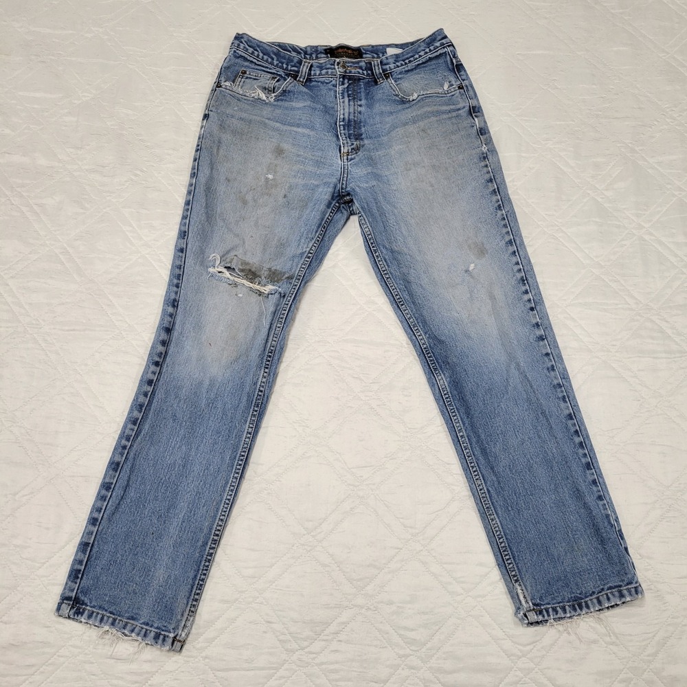 Timberland WeatherGear well worn‎ distressed and stained blue jeans men's 34X30
